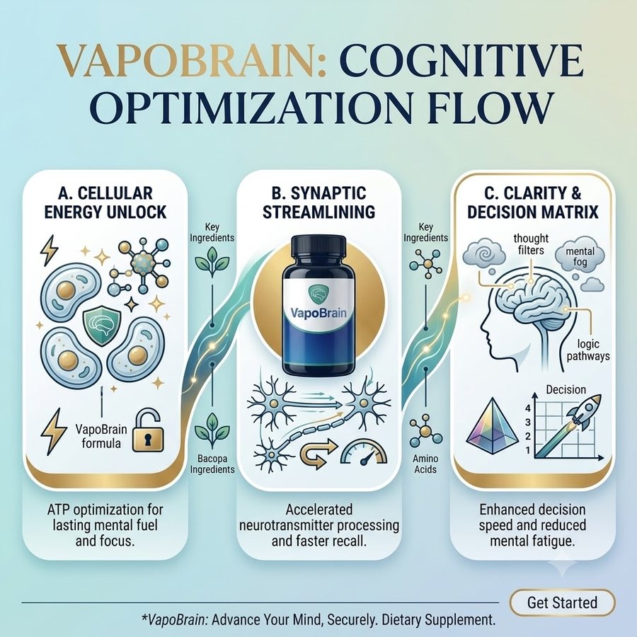 VapoBrain Cognitive Optimization Flow infographic showing three steps